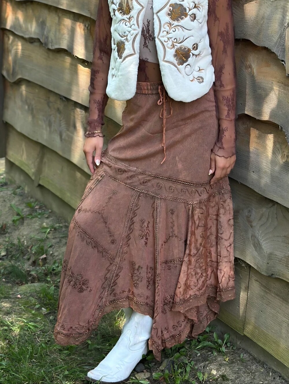 Scully Honey Creek Brown Embroidered Asymmetrical Hem Maxi Skirt - Picture 2 of 10